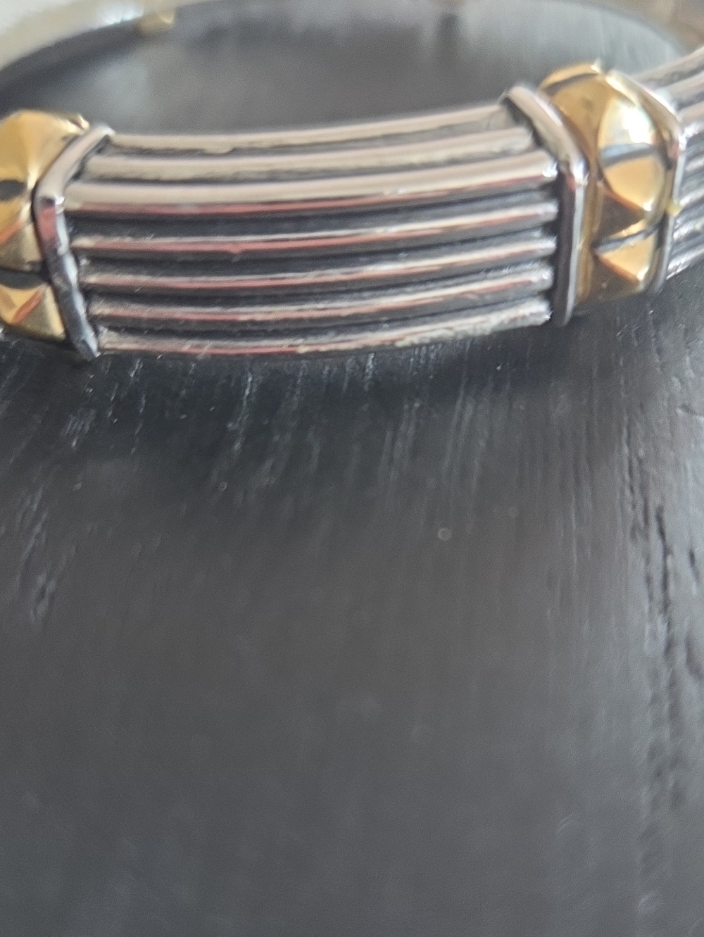 Two-Tone Silver and Gold Ribbed Stackable Bangle Bracelet - Picture 3 of 9